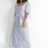 Dresses * | Perseption Petite Pinstripe Chambray Button Down Belted Maxi Shirt Dress Dresses