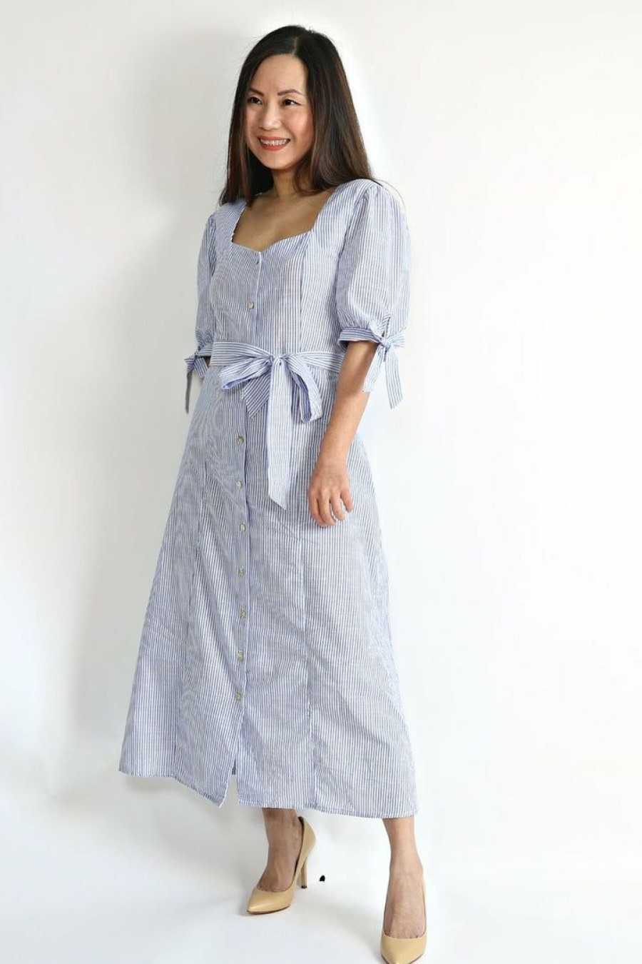 Dresses * | Perseption Petite Pinstripe Chambray Button Down Belted Maxi Shirt Dress Dresses