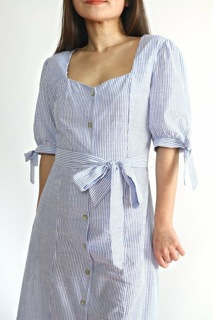 Dresses * | Perseption Petite Pinstripe Chambray Button Down Belted Maxi Shirt Dress Dresses