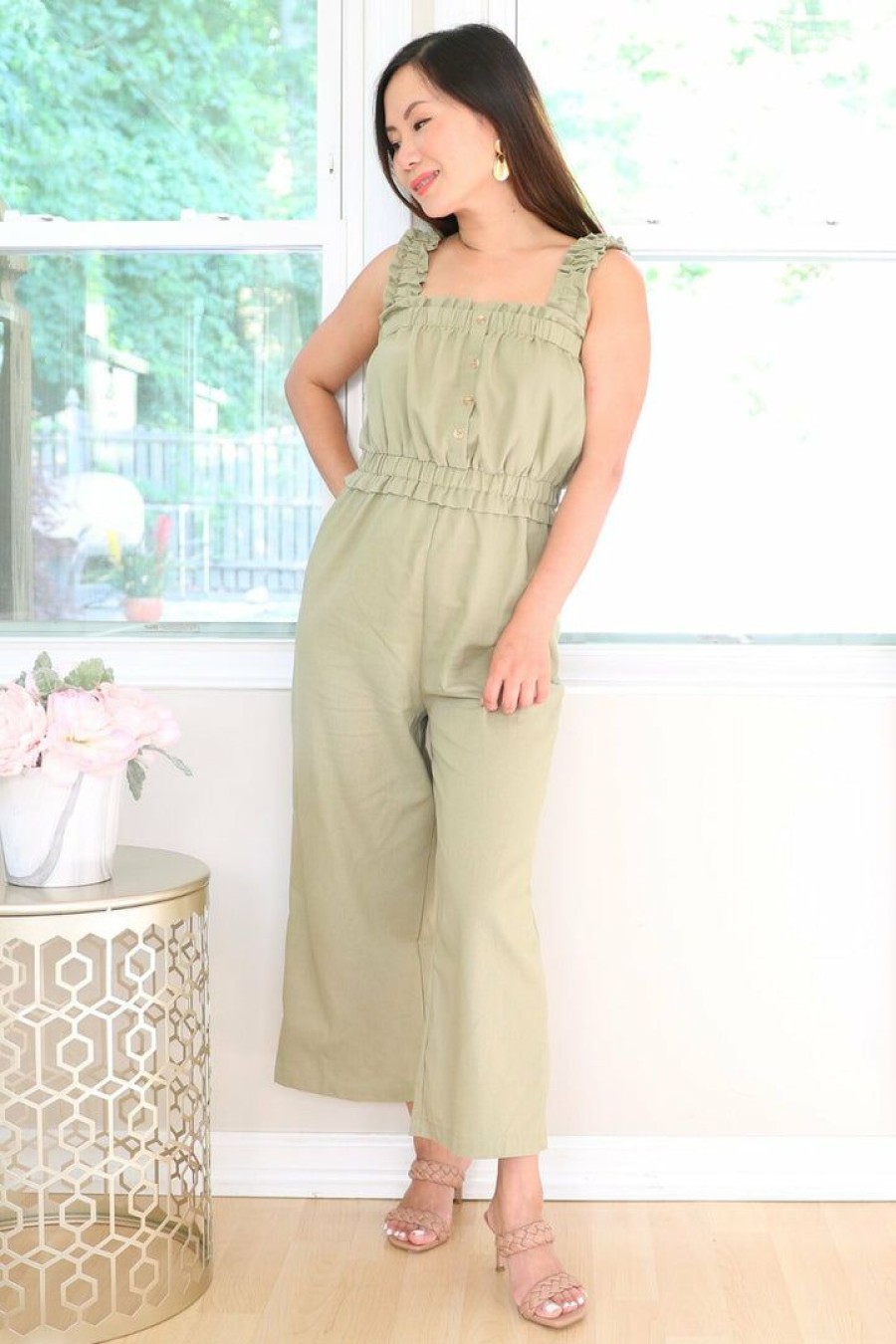 Jumpsuits & Rompers * | Blu Pepper New Arrivals Petite Wide Leg Jumpsuit (Light Olive)