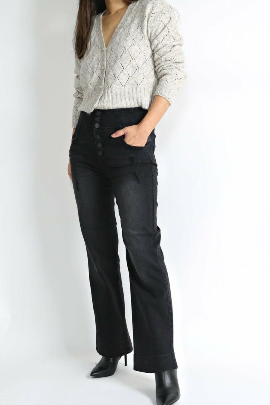 Jeans & Pants * | C'Est Toi Petite High Waisted Front Button Distressed Bootcut Jeans (27 Inseam)