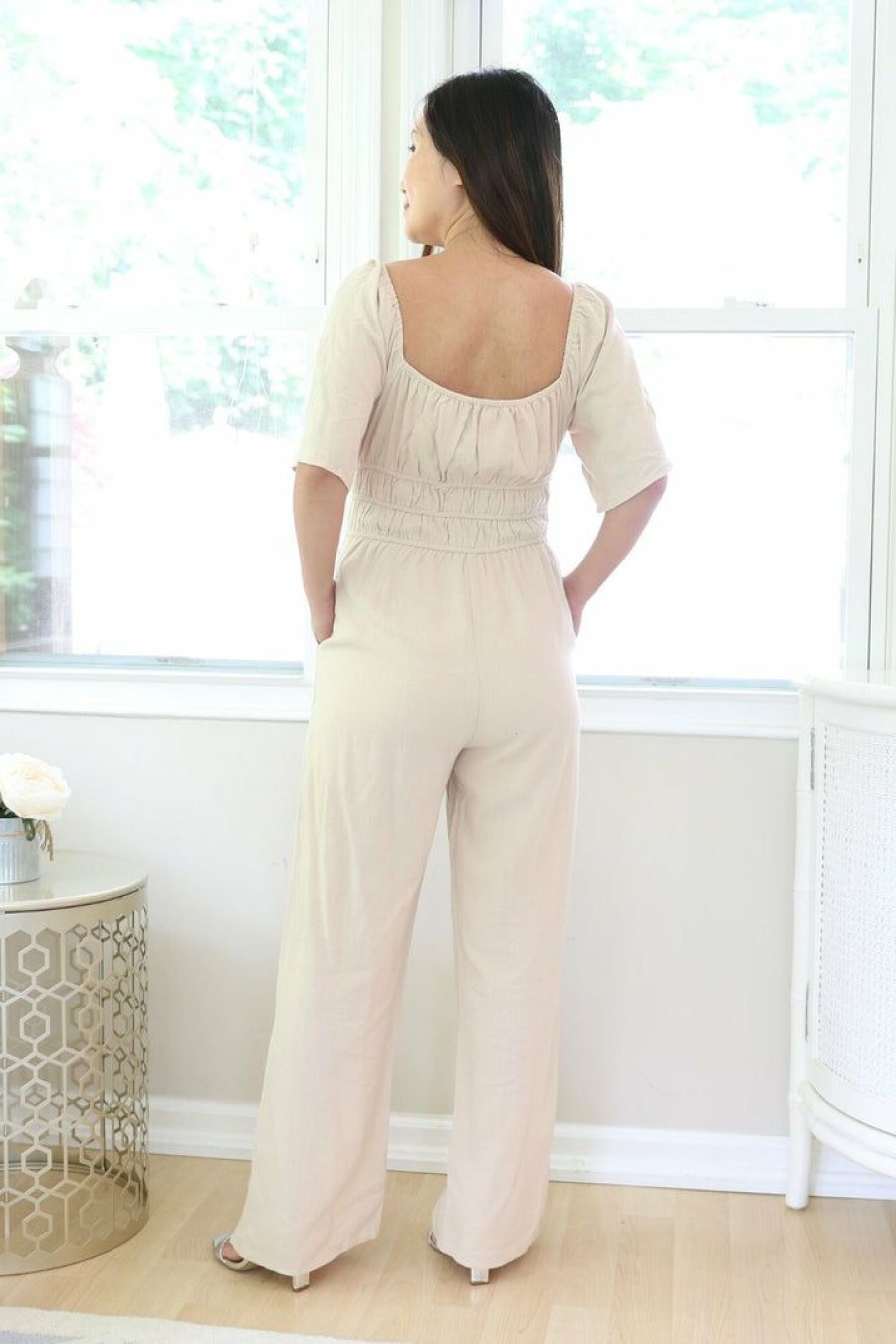 Jumpsuits & Rompers * | Gilli Petite Linen Blend Beige Jumpsuit (27 Inseam) New Arrivals