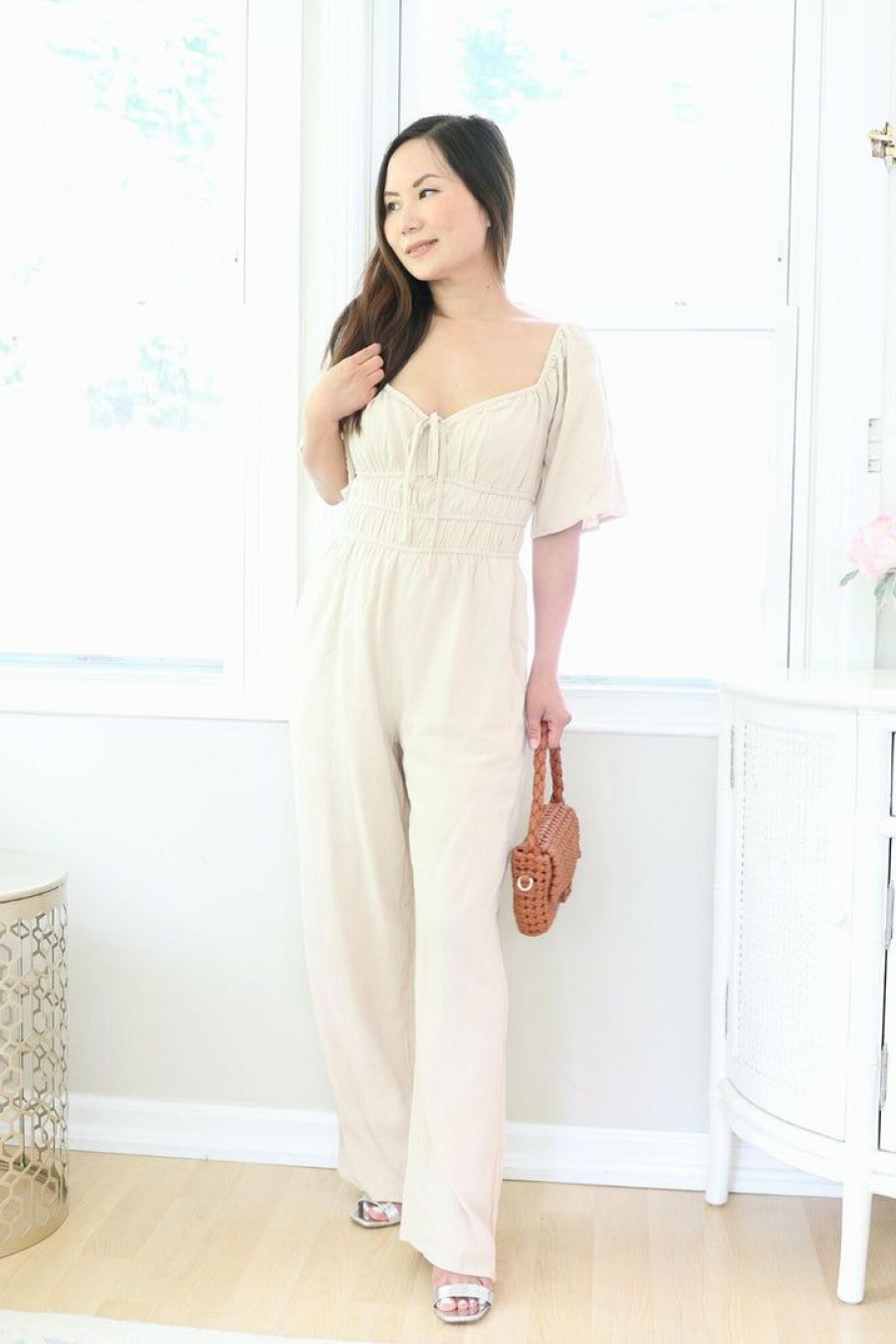 Jumpsuits & Rompers * | Gilli Petite Linen Blend Beige Jumpsuit (27 Inseam) New Arrivals