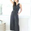 Jumpsuits & Rompers * | Gilli New Arrivals Petite Stripe V Neck Sleeveless Jumpsuit ( Black )