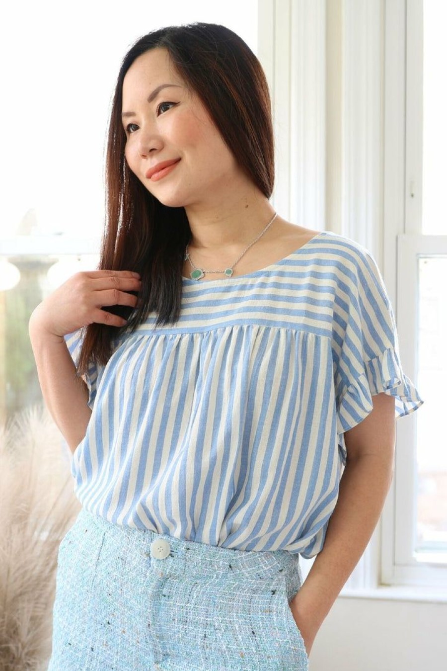 Tops & Sweaters * | Hem & Thread Petite Blue Stripe Short Sleeve Top Tops & Sweaters