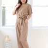 Jumpsuits & Rompers * | In Loom Petite Short Sleeve Tie Waist Jumpsuit (Camel)