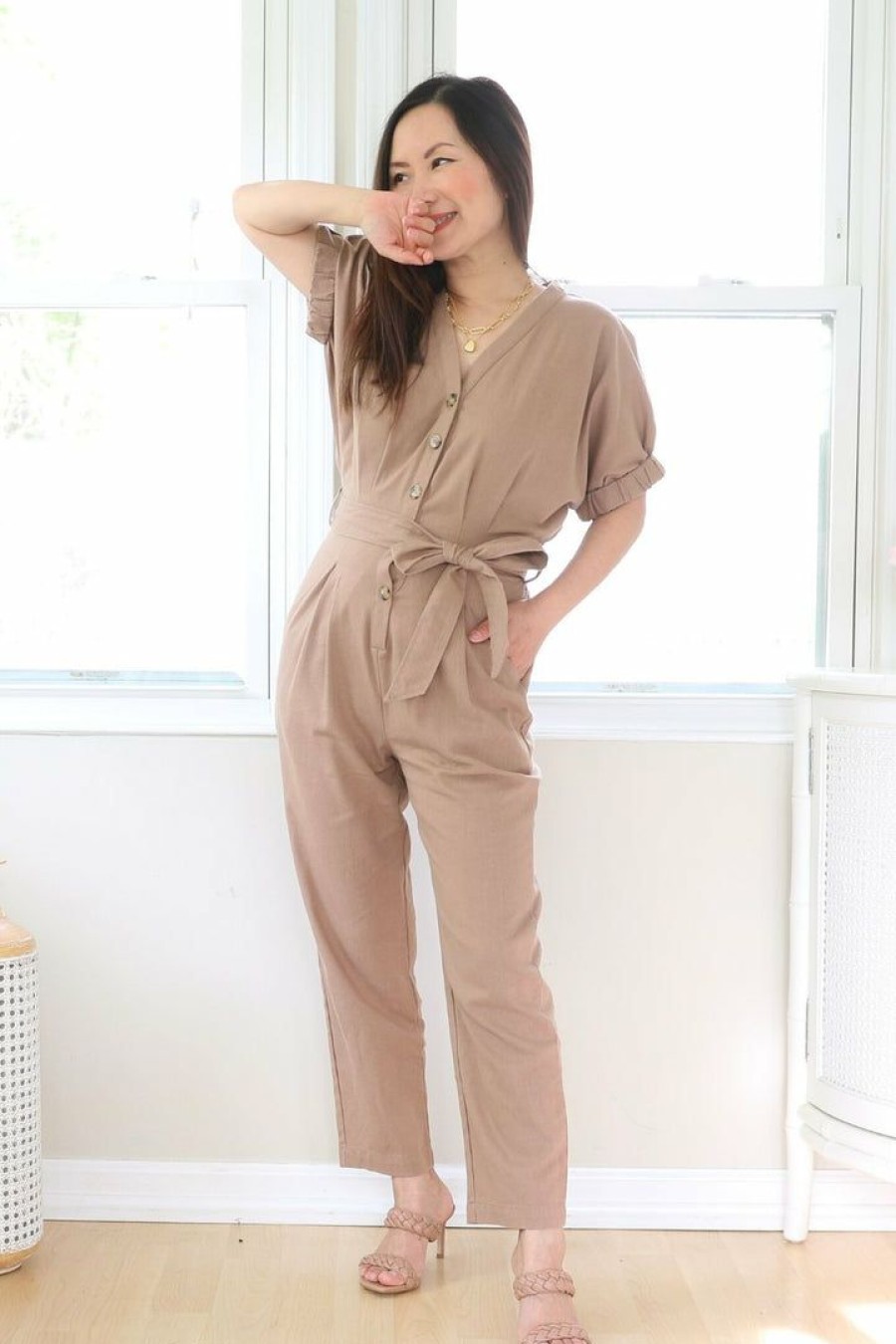 Jumpsuits & Rompers * | In Loom Petite Short Sleeve Tie Waist Jumpsuit (Camel)