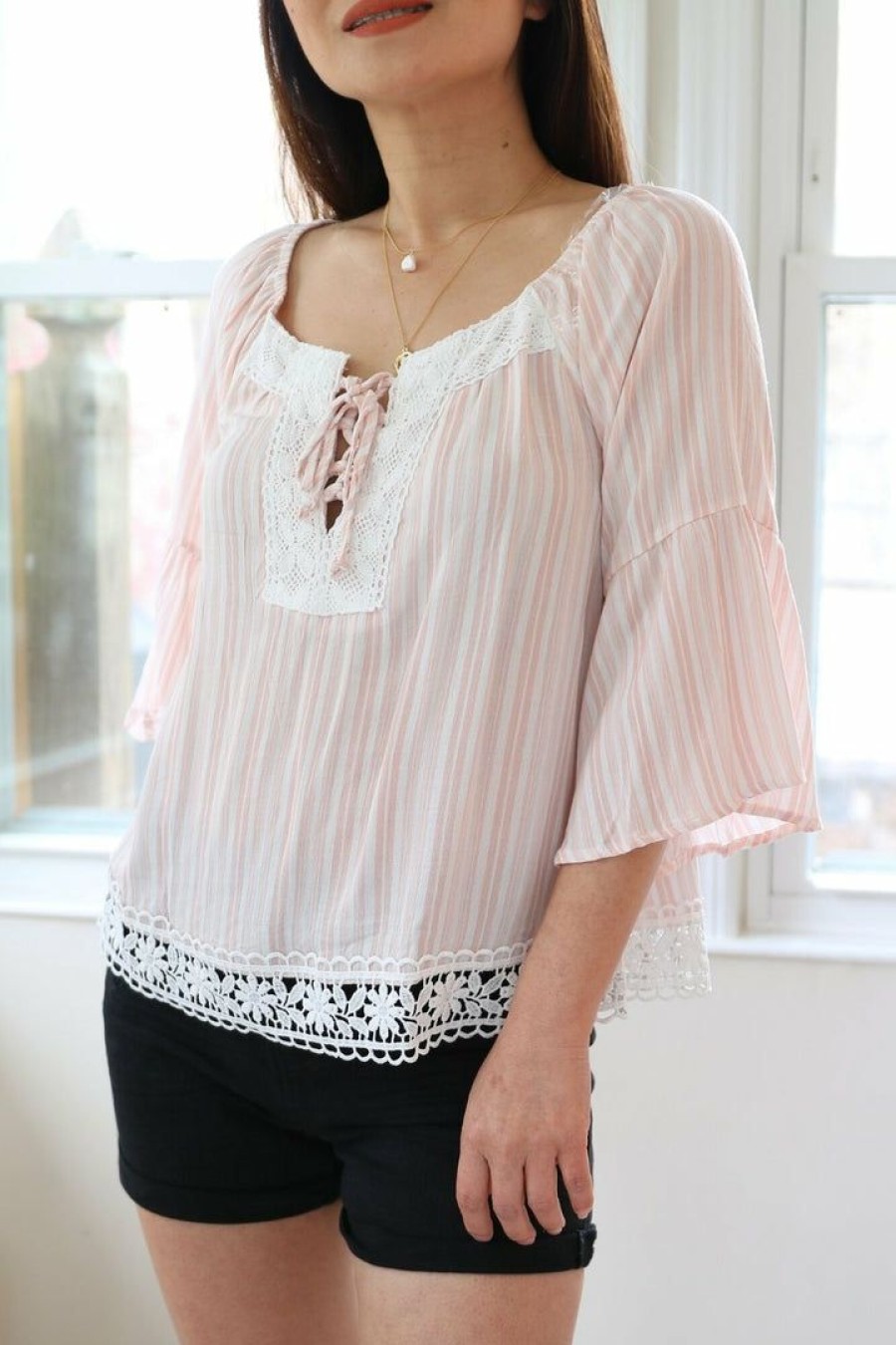 Tops & Sweaters * | Thread Fix Petite Crochet Hem Peasant Blouse (Pink/White)