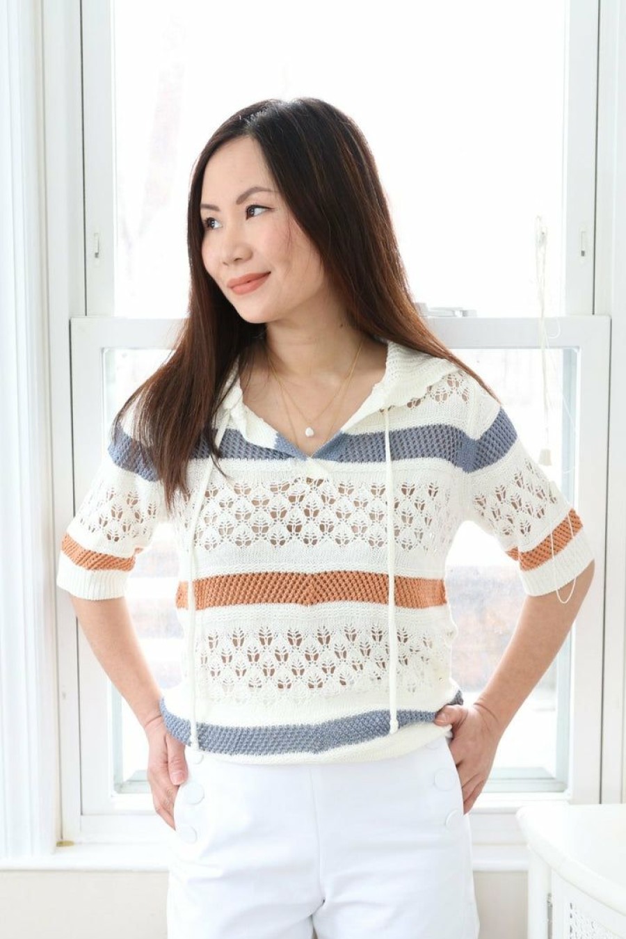 Tops & Sweaters * | Hem & Thread Tops & Sweaters Petite Crochet Short Sleeve Sweater Top