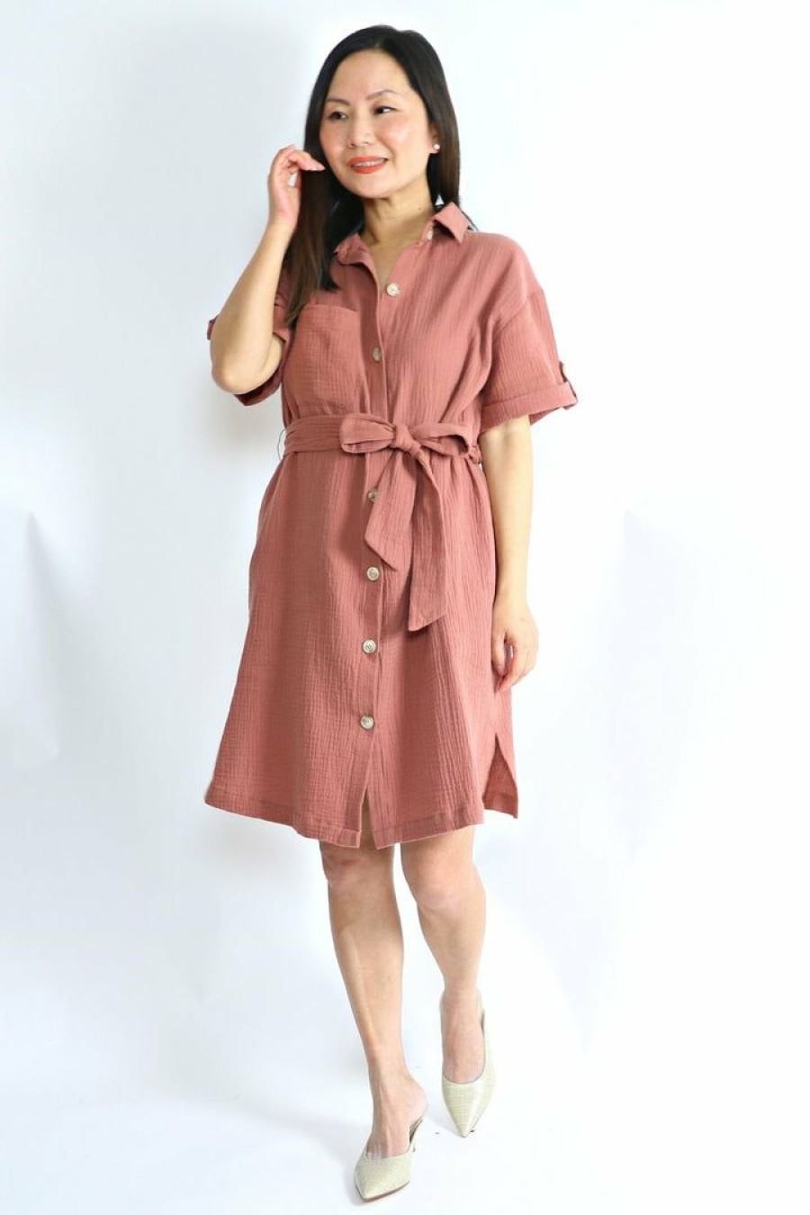 Dresses * | Final Touch Petite Button Down Shirt Dress (Rosewood) Dresses