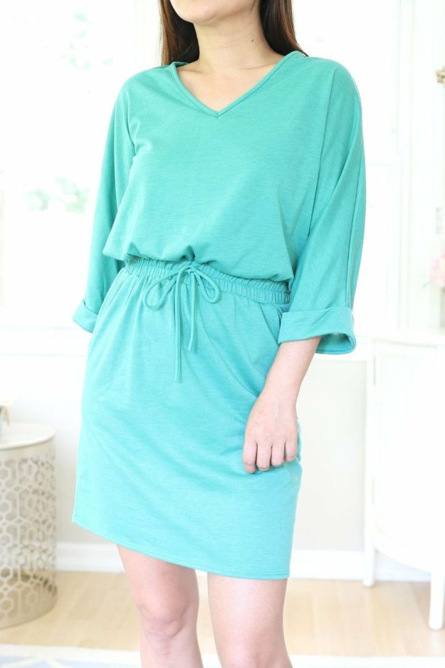 Dresses * | 2Hearts New Arrivals Tie Waist French Terry Casual Dress (Green)