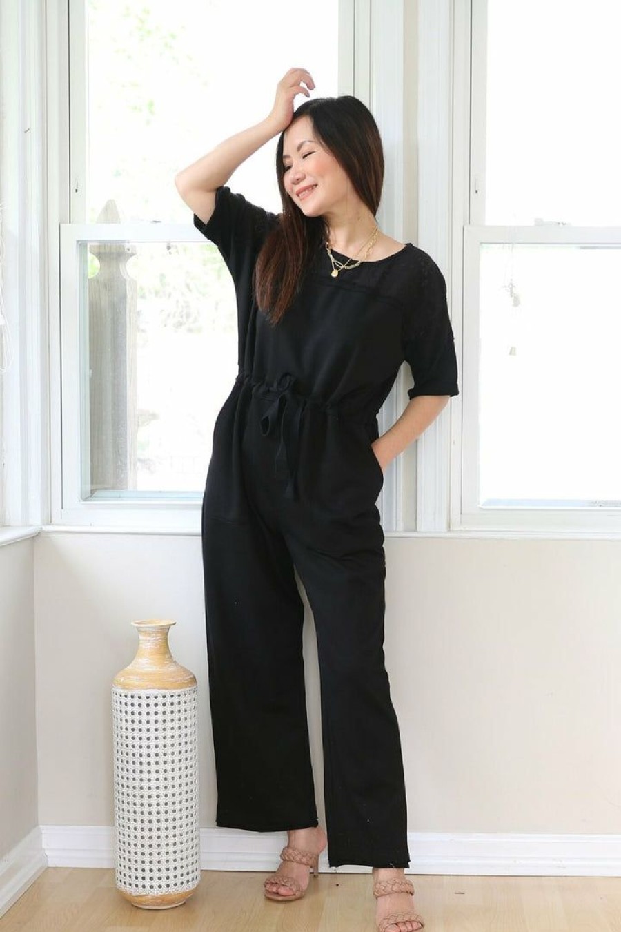 Jumpsuits & Rompers * | In Loom Petite Short Sleeve Lace Contrast Jumpsuit (Black)