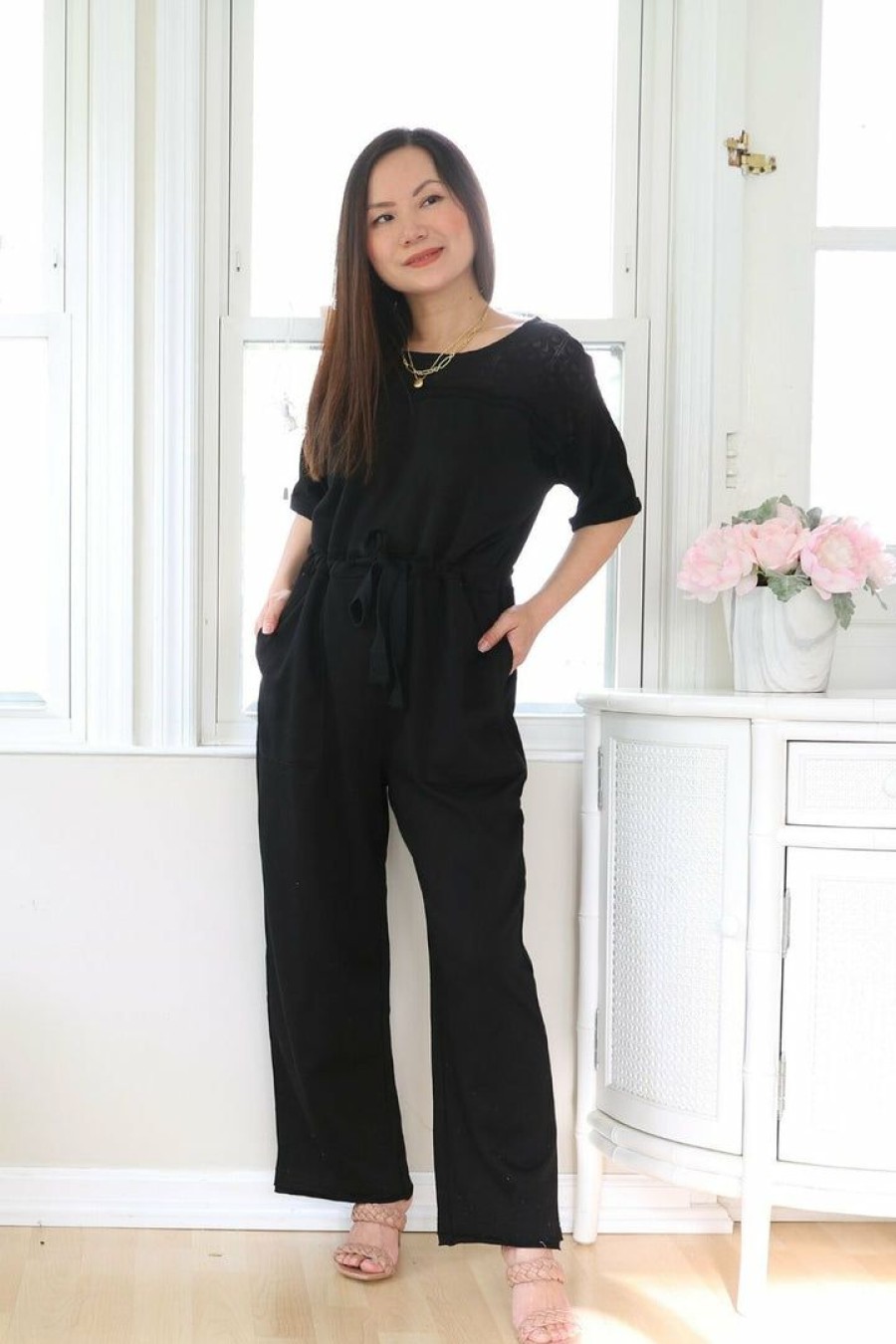 Jumpsuits & Rompers * | In Loom Petite Short Sleeve Lace Contrast Jumpsuit (Black)