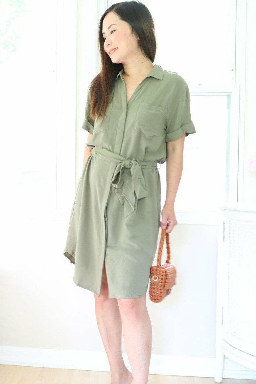 Dresses * | Final Touch Petite Button Down Knee Length Shirt Dress (Olive) New Arrivals