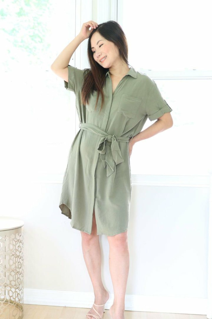 Dresses * | Final Touch Petite Button Down Knee Length Shirt Dress (Olive) New Arrivals