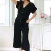 Jumpsuits & Rompers * | Sweet Lovely Petite V Neck Short Sleeve Cropped Pocket Front Jumpsuit (Black) New Arrivals