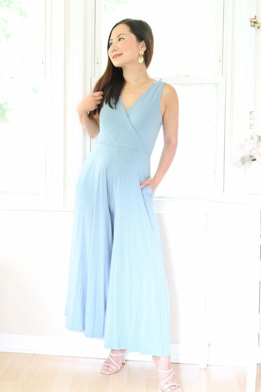 Jumpsuits & Rompers * | Final Touch Petite V Neck Sleeveless Jumpsuit (Ash Blue) New Arrivals