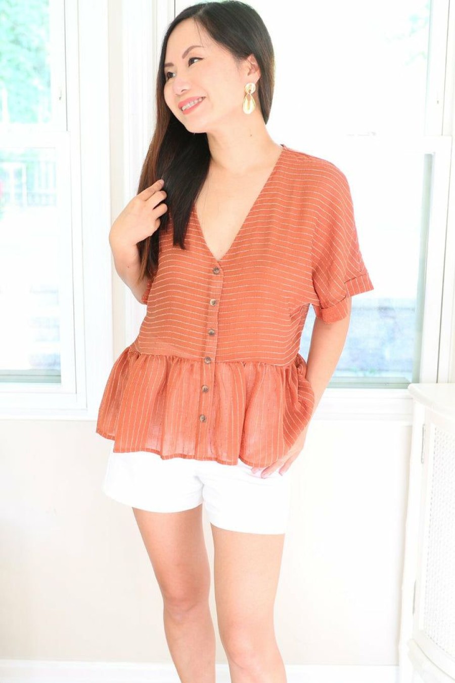 Tops & Sweaters * | Blu Pepper New Arrivals Petite Stripe Button Down Top (Copper)