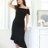 Dresses * | Collective Rack New Arrivals Petite Off The Shoulder Black Midi Dress Flounced Hem (Black)