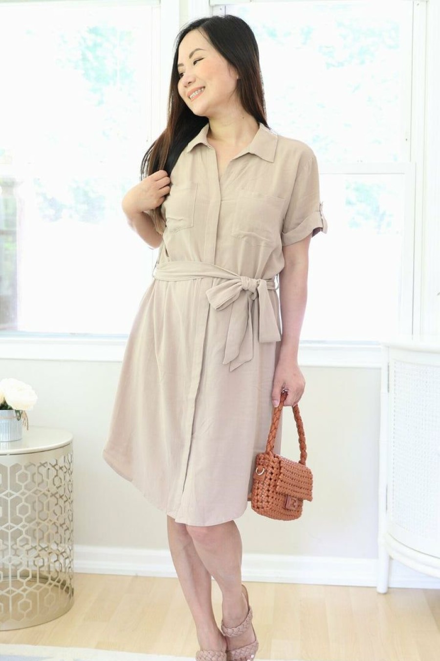 Dresses * | Final Touch New Arrivals Petite Button Down Knee Length Shirt Dress (Taupe)