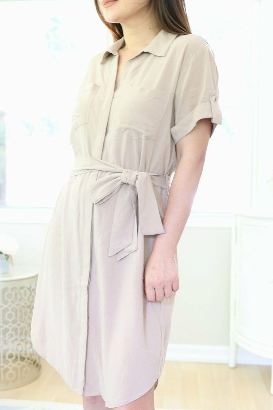 Dresses * | Final Touch New Arrivals Petite Button Down Knee Length Shirt Dress (Taupe)