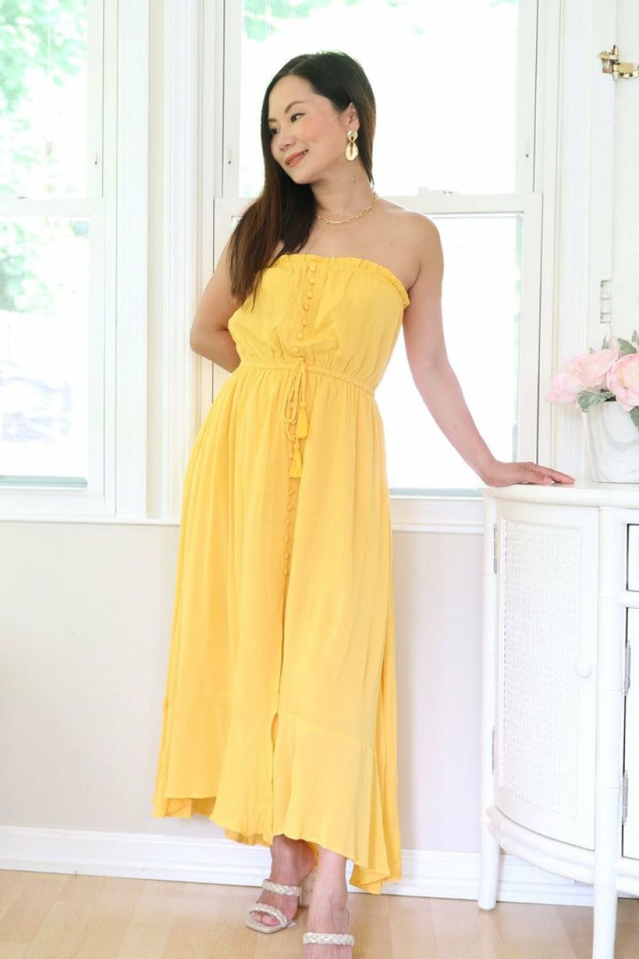 Dresses * | Davi & Dani Petite Cinched Waist Button Down Maxi Dress (Yellow)