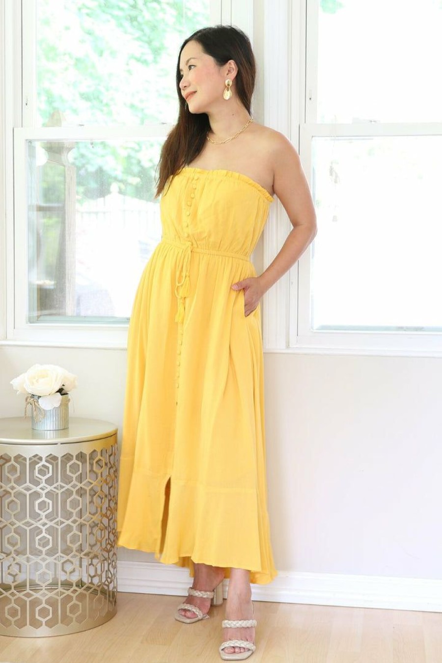 Dresses * | Davi & Dani Petite Cinched Waist Button Down Maxi Dress (Yellow)