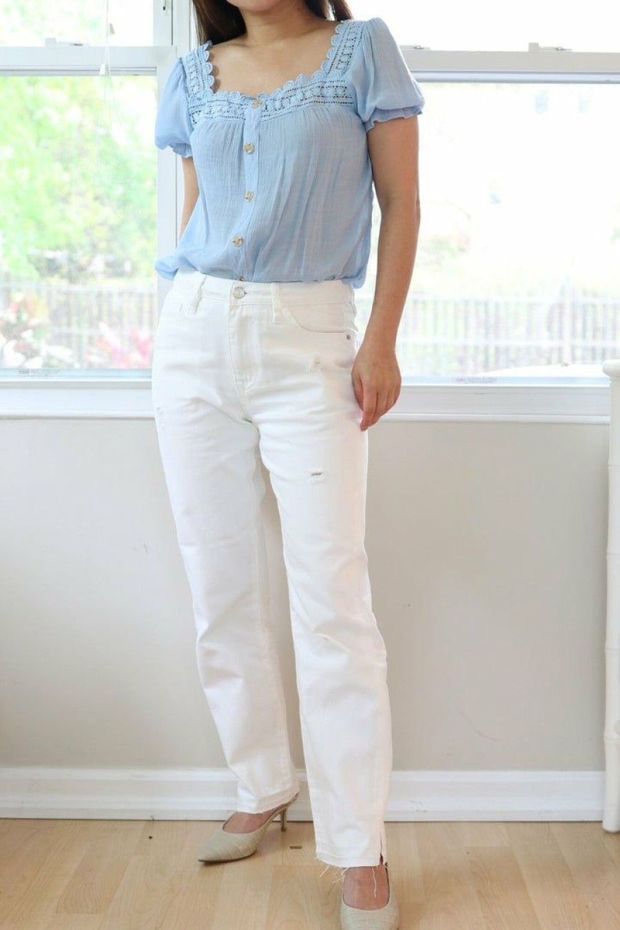 Jeans & Pants * | I&M Jeans Usa Petite High Rise Distressed White Straight Leg Jeans (28 Inseam)