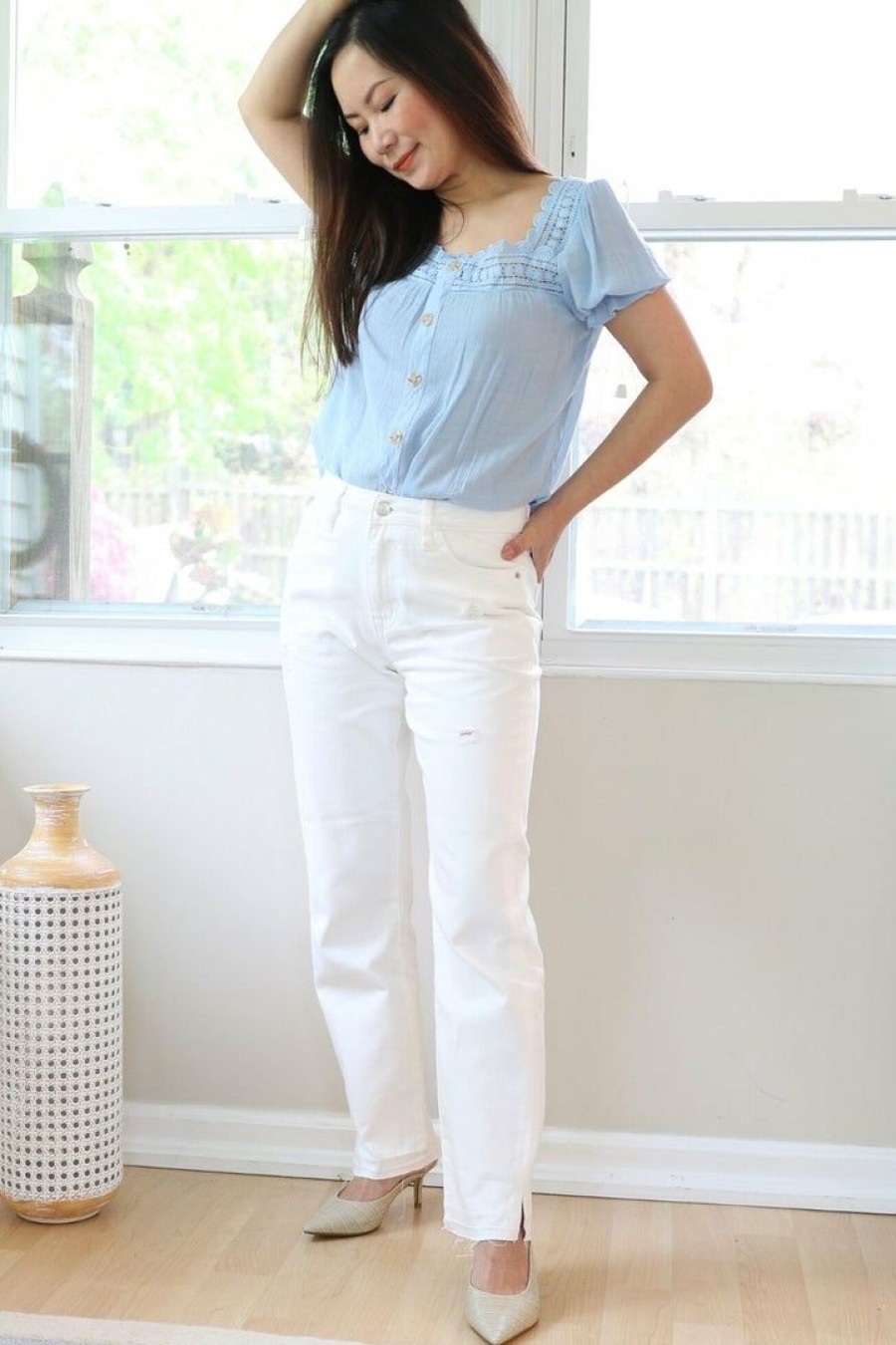 Jeans & Pants * | I&M Jeans Usa Petite High Rise Distressed White Straight Leg Jeans (28 Inseam)