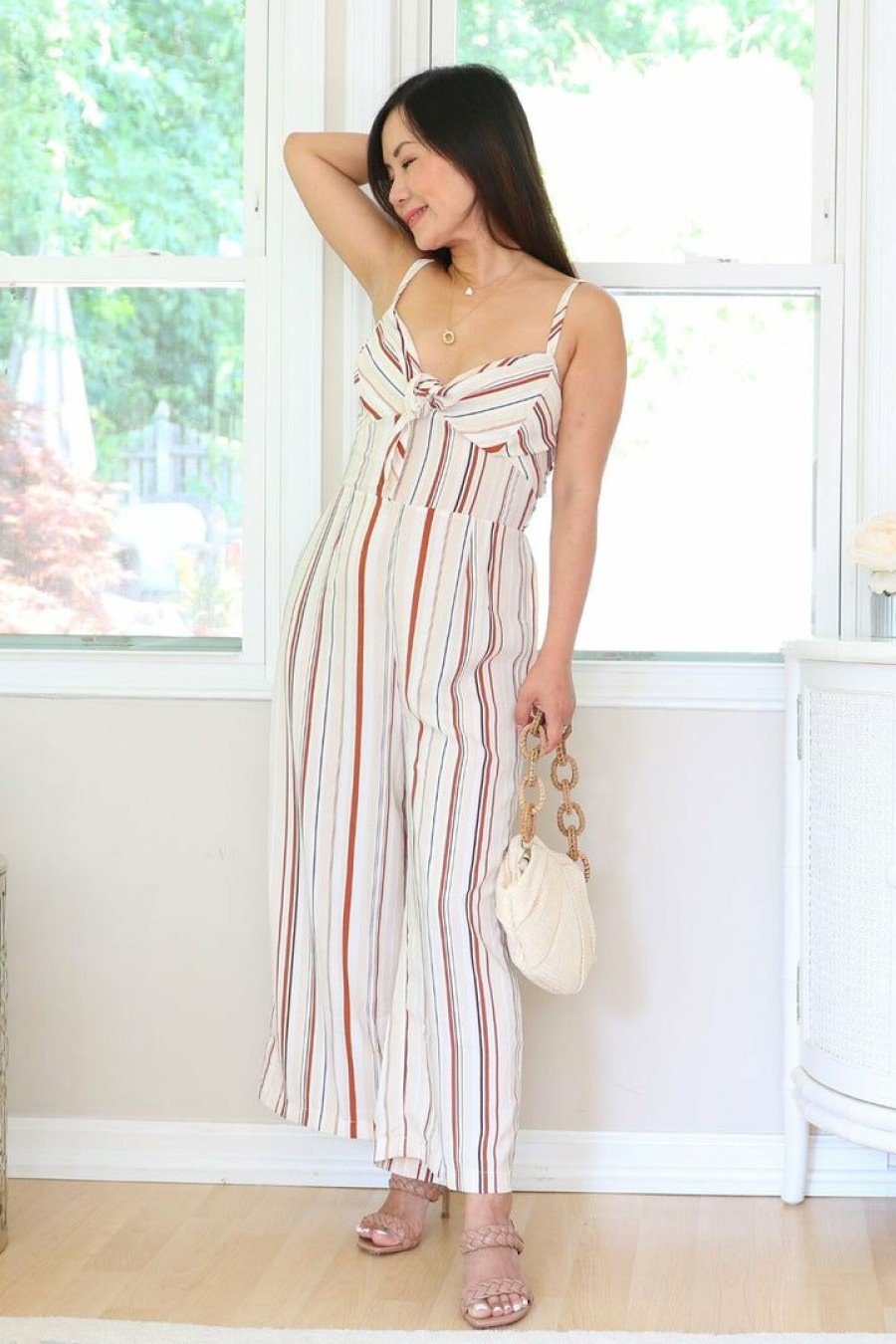 Jumpsuits & Rompers * | Sweet Rain Petite Striped Linen Jumpsuit (Beige/Rust)