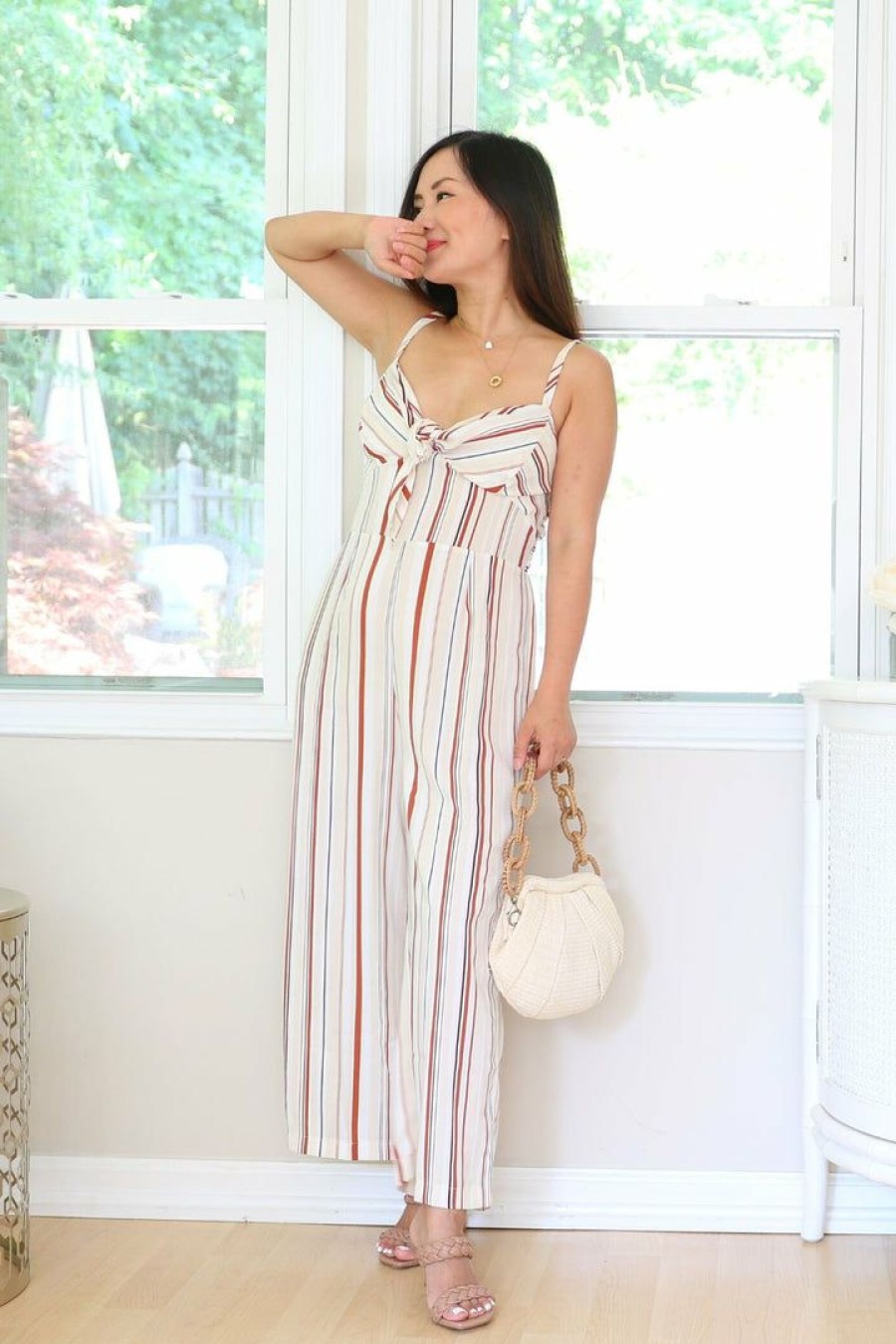 Jumpsuits & Rompers * | Sweet Rain Petite Striped Linen Jumpsuit (Beige/Rust)