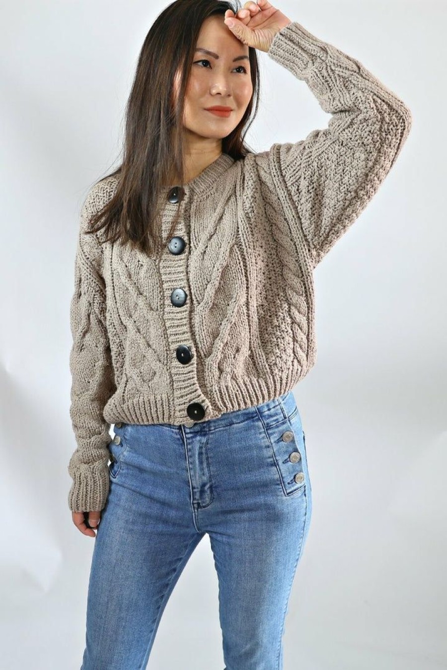 Tops & Sweaters * | 2Sable Petite Cropped Cable Knit Cardigan Sweater (Ash Mocha)