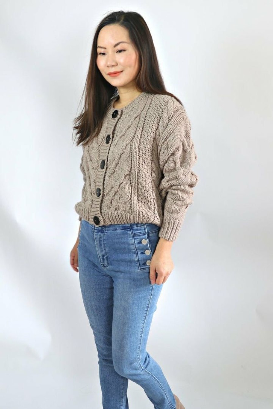 Tops & Sweaters * | 2Sable Petite Cropped Cable Knit Cardigan Sweater (Ash Mocha)