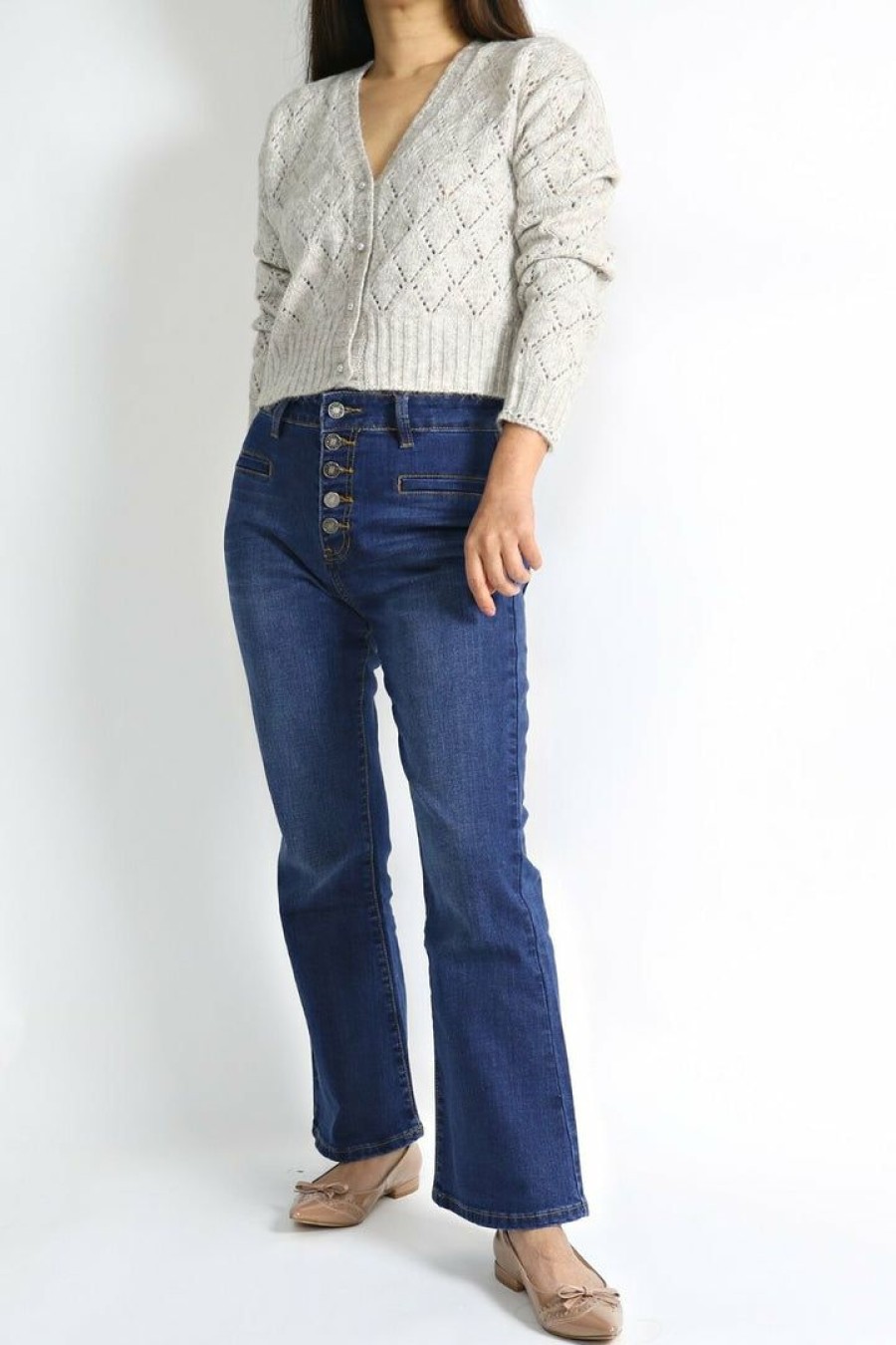 Jeans & Pants * | Tony Mary Petite High Waisted Button Front Flare Jeans (25 Inseam)