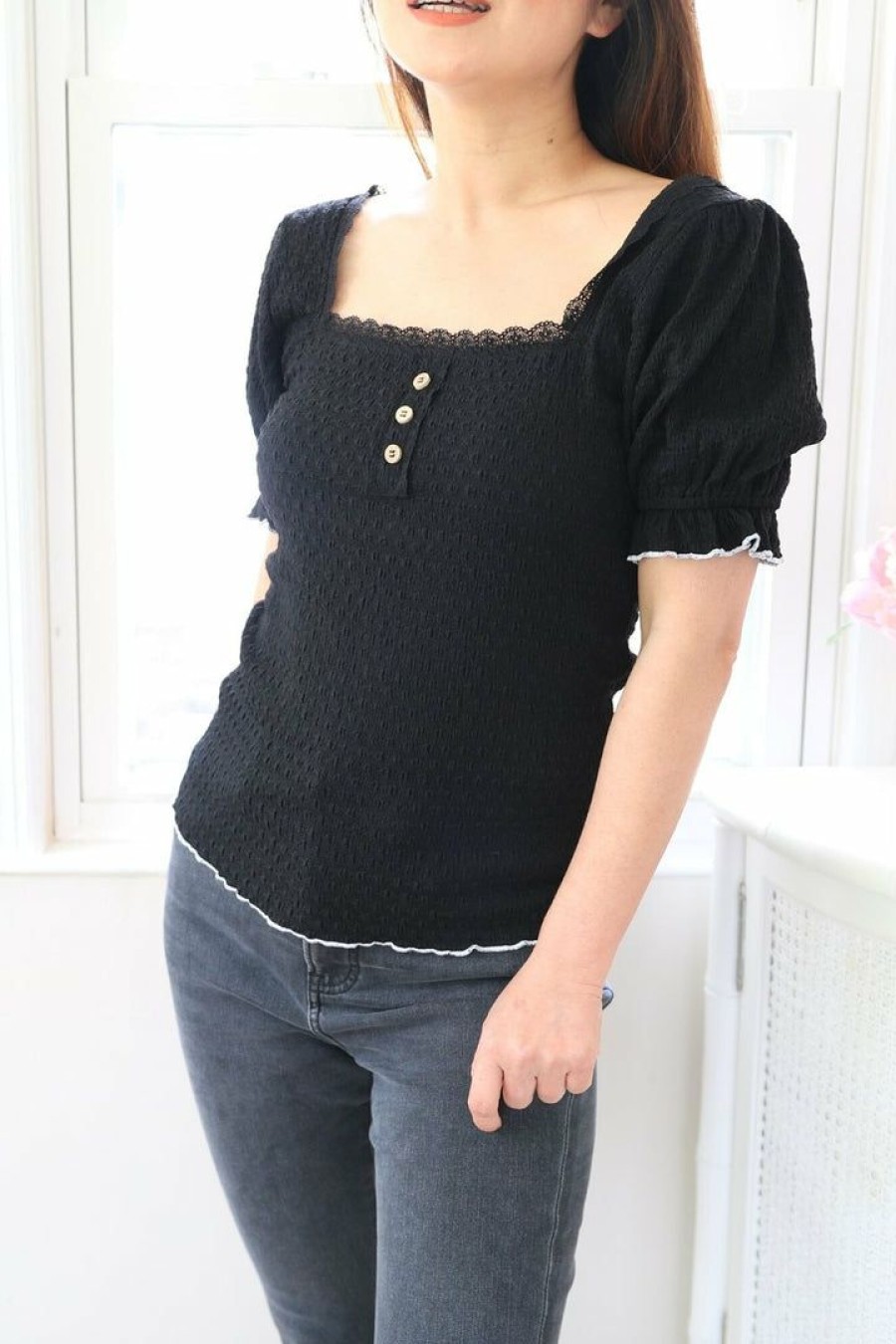 Tops & Sweaters * | Hem & Thread Petite Lace Trimmed Blouse